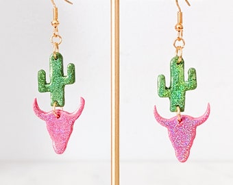 Rodeo Queen Glitter Cowgirl Cactus and Bull Polymer Clay Dangle Earrings | Holographic Glitter | Clip On Option