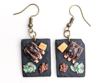 Barbeque Slate Dangle Polymer Clay Earrings | BBQ Ribs Southern Food Themed Earrings | Handmade Gifts and Jewelry | Clip On Option