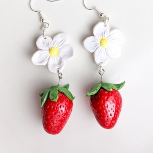 Strawberry Patch Dangle Polymer Clay Earrings | Fruit Food Themed Quirky Earrings | Handmade Gifts and Jewelry | Statement Earrings