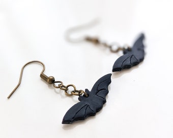 Spooky Black Bat Dangle Earrings: Handmade Polymer Clay Jewelry