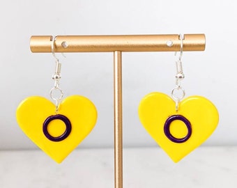 Intersex Pride Flag Collection Heart Shaped Earrings | Handmade Polymer Clay Jewelry | LGBTQA+ Jewelry | Clip On Option