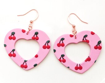 Pink Cherry Print Heart Earrings