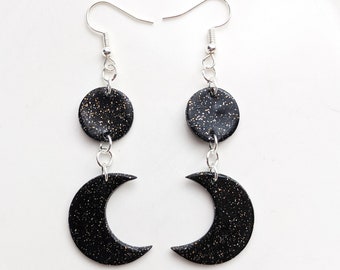 Black Glitter Moon Dangle Earrings: Handmade Polymer Clay Goth Jewelry