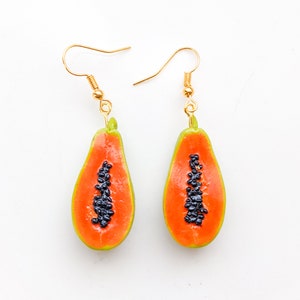 Papaya Polymer Clay Dangle Earrings | Quirky Tropical Fruit Food Themed Earrings | Handmade Gifts and Jewelry | Clip-On Option