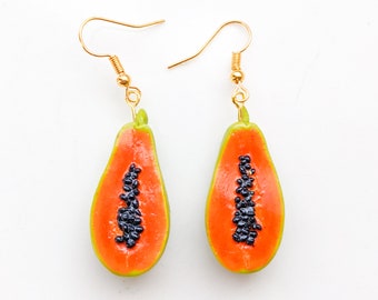 Papaya Polymer Clay Dangle Earrings | Quirky Tropical Fruit Food Themed Earrings | Handmade Gifts and Jewelry | Clip-On Option