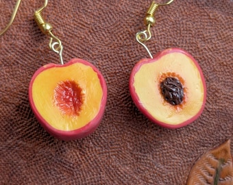 Handmade Polymer Clay Peach Halves Fruit Dangle Earrings