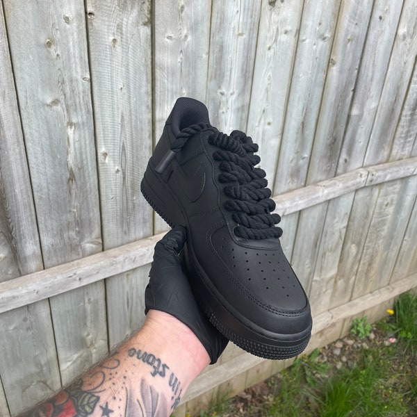 Custom Matte Black Nike Air Force 1 '07|Matte Black Air Force 1 with Rope Lace | Authentic AF1 | Thick rope lace | Black Rope Laces Custom A