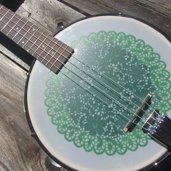 Tenor Ukulele, tambourine, Tambo Uke banjolele, green doily, banjo uke instrument~Tambo Uke