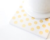 Hand Painted Coasters Gold Polka Dot White and Gold Ceramic Tile Coasters (Wedding, Anniversary, Birthday, Bridal Party, Hostess Gift)