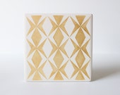Gold Arrow and Diamond Coasters Hand Painted White and Gold Modern Ceramic Coasters (Fall Coasters, Birthday, Bridal Party, Autumn)