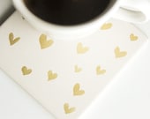 20% off SALE! Gold Heart Coasters- Hand Painted Gold Hearts Ceramic Coasters- Set of 4