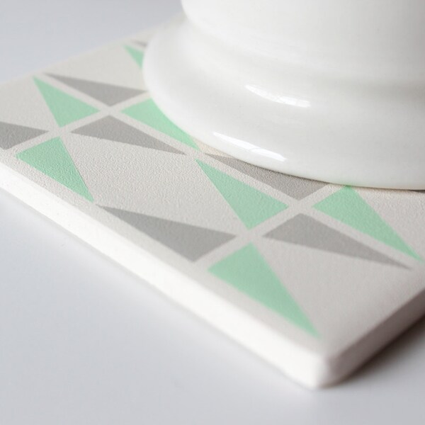 Mint and Grey Triangle Coasters Hand Painted White and Gold Ceramic Tile Coasters (Wedding, Anniversary, Birthday, Bridal Party, Gift)