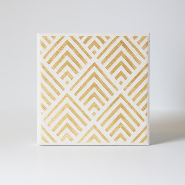 Gold Geometric Coasters Hand Painted White and Gold Ceramic Coasters