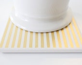 Gold Pinstripe Coasters Hand Painted White and Gold Ceramic Tile Coasters Pin Stripe (Wedding, Anniversary, Birthday, Bridal Party, Gift)