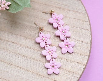 Handmade Cherry Blossom Dangle Earrings – Polymer Clay, Spring Jewelry