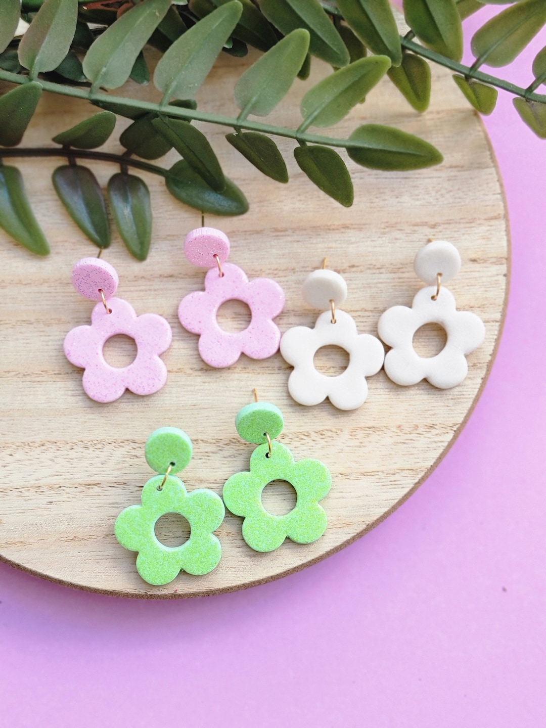 Glitter Retro Daisy Flower Clay Earrings Spring Earrings Dangle