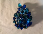 Regency Signed Jelly Belly Blue Glass Gripoix Green Crystal Japanned Finish Brooch Pin