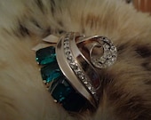 Joseph Mazer Art Deco Gold Wash Ribbon Green Emerald White Rhinestones Brooch Scarf Hat Purse