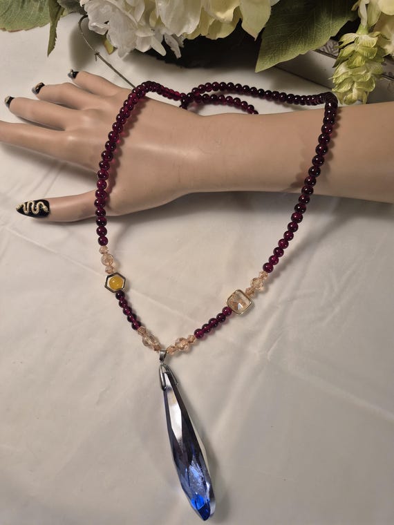 Ruby Red Glass Bead Necklace: Aurora Borealis Cry… - image 1