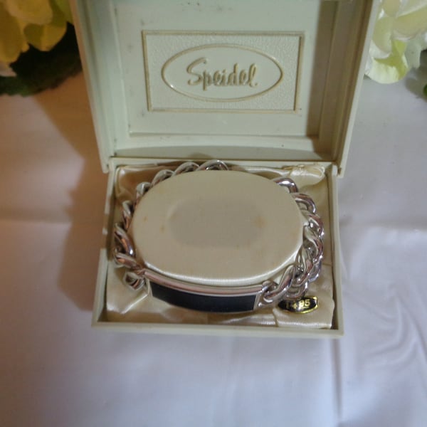 SPEIDEL ID Bracelet Original Box Stainless Steel  Black Frosted Name plate  Link  8 inches long Never Worn Heavy Man or Woman 1970s Unisex