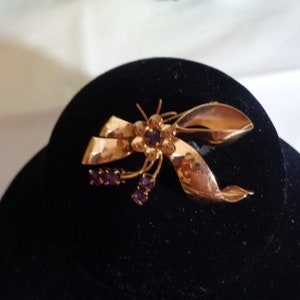 10kt Gold Filled Purple Amethyst Crystal Bow Brooch