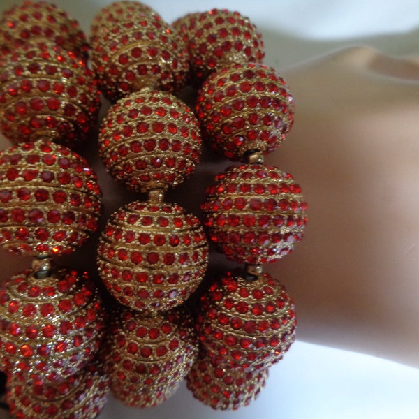 Ann Taylor Set of Three Gold Plate Ruby Red Encrusted  Crystal Bead Balls Expansion Stretch Bracelets Original Tags on each