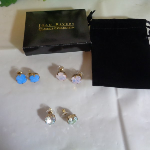 Joan Rivers Set of Three Post Back Pierced Stud Earrings Silver  Plate Faux Calcedony Blue Stone Green Amethyst Faux Opal in Pouch  Box  NOS