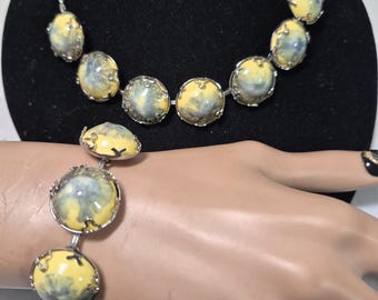 1940s-50s Blue Yellow Prong Set Tie Dye Pottery Art Glass Enamel Porcelain? Bracelet Necklace Set