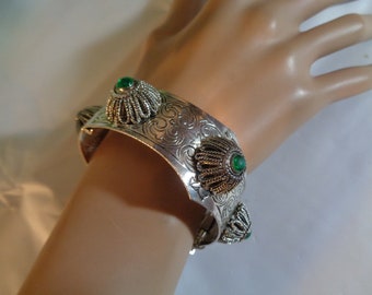 Art Deco Fancy Scrolled Silver Plate Bezel Set Emerald Green Stones Bracelet Trombone style clasp Gripoix Glass Cabochon