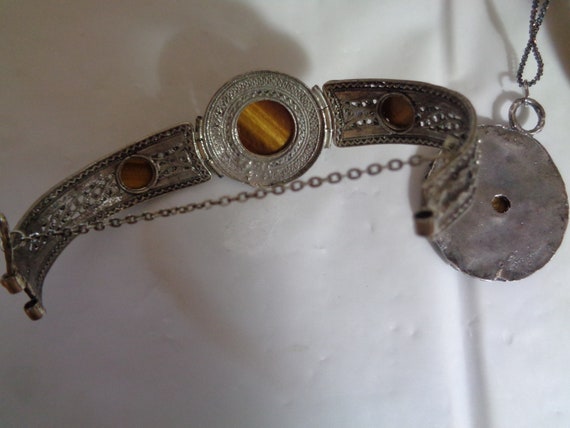 Tiger's Eye Antiqued Silver Tone Filigree Bracele… - image 3