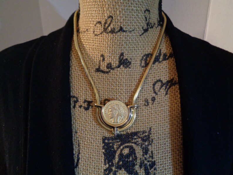 Goldplate Republique Francaise Coin Pendant Reverse Fleur De Lis Shield on Thick Snake Chain Necklace Unisex