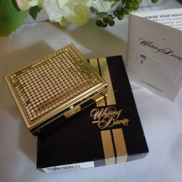 Whiting Davis Compact Size Gold Mesh Divided Pill Box In Original Box 1988 Made in USA Hinged Lid Snap Shut