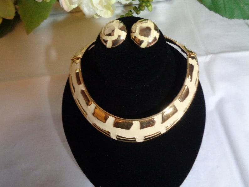 Valentino Garavani Giraffe Choker & Earrings Set: 1980s Gold Plate Enamel image 1