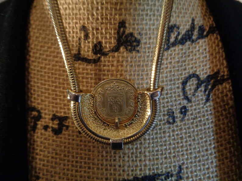 Goldplate Republique Francaise Coin Pendant Reverse Fleur De Lis Shield on Thick Snake Chain Necklace Unisex