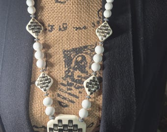 Made in Japan Black Gold Abstract Design Ceramic And White Lucite Beads Necklace