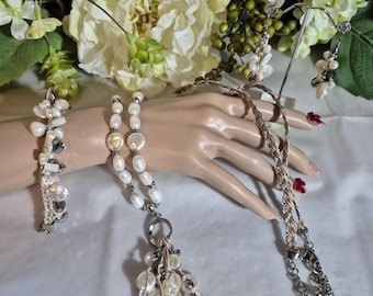 CHICOS Faux Pearl Hematite Color Beads Braided Rope Design Necklace Bracelet Pierced Dangle Earrings