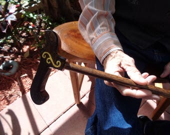 Dark Walnut Stain Gold Scroll Design Artisan Made Walking Cane and Cane Holder Attachment