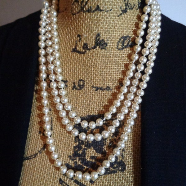 White Color Glass Pearl Bead Flapper Necklace Hand knotted Over the head No Clasp  70 inches long