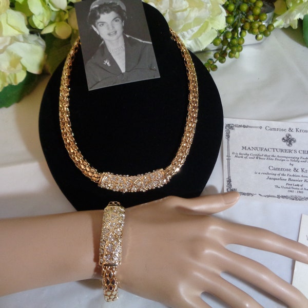 Camrose & Kross Jacqueline Kennedy Swarovski Crystal Gold Plated Necklace Bracelet Signature JBK Clasp Authenticity Card Pouch New Old Stock