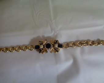 J Crew Gold Tone Black Crystal Rhinestone Link Bracelet Adjustable 8 inches long
