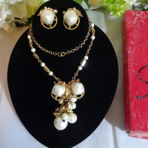 Signed Schiaparelli Gold Plate Faux Pearl Necklace Matching Clip on Earrings in Original Box Collector Set