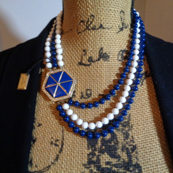 Signature VALENTINO Garavani Made Italy Three Strand Blue White Bead Necklace Crystal Medallion Signed and Original Tag