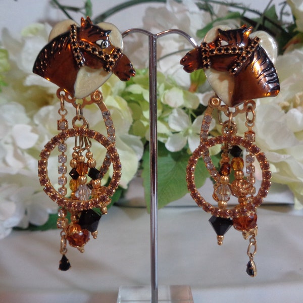 Lunch at the Ritz Horsehead on Enamel Heart Golden Crystals Signed Clip on Earrings Gold Plate Metal     3 inch Dangle