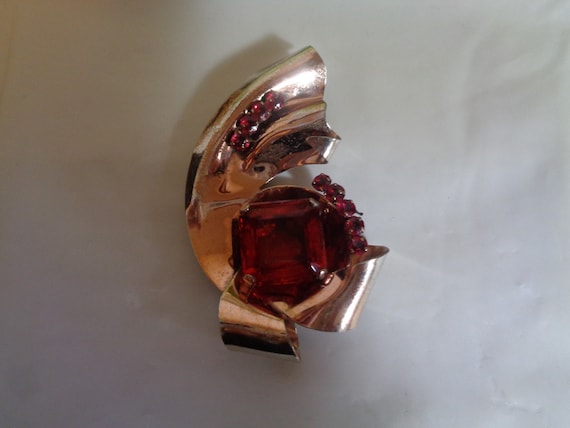 Glamour Signed Large Ruby Red Crystal Rose Gold o… - image 1