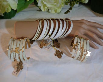 White Enamel Gold Metal Bangles Large Lot Destash Steam Punk Bracelets Sell Wear Arts & Crafts Project Jewelry Design
