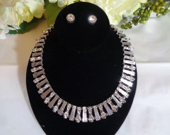 White House Black Market WHBM Collar Necklace Clear Swarovski Crystals Rhodium Silver Plate Post Back Pierced Stud  Earrings 19 inches long