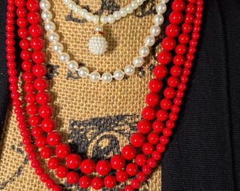 Candy Apple Red Glass Convertible Necklace Two White Glass Necklaces Many Different looks and ways to wear