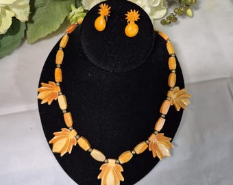 Orangy Yellow Floral/Leaf Art Carved Stone Necklace Clip on Earrings Boho Chic