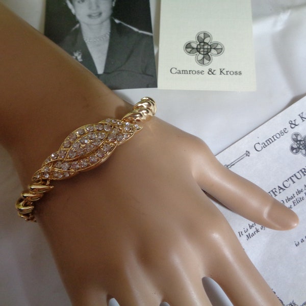 Camrose & Kross Jacqueline Kennedy Swarovski Crystal Gold Plated Bracelet Signature JBK Clasp Authenticity Card  Pouch New Old Stock