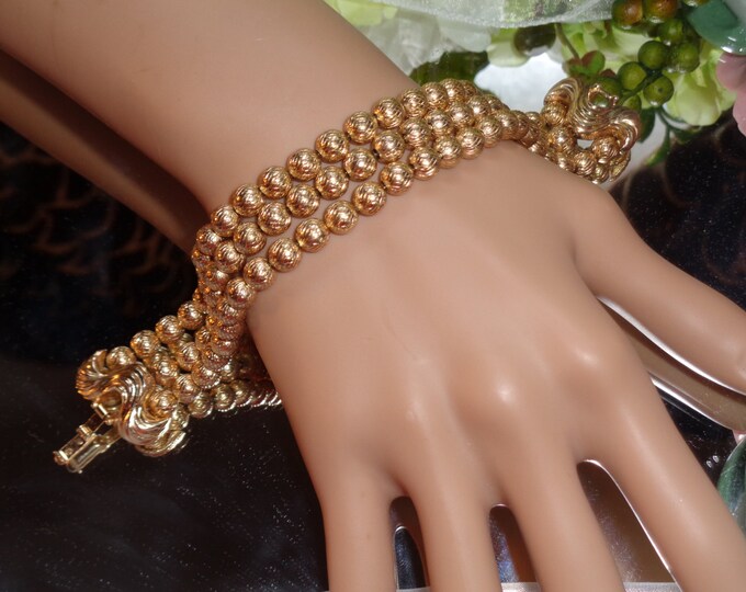 Crown Trifari Three Strand Fancy Scroll Etched Gold Tone Bead Etsy